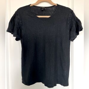 J Crew black 100% linen ruffle sleeved tee SZ L